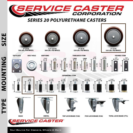 Service Caster 5'' Maroon Poly Wheel Swivel 7/8'' Expanding Stem Caster Set 2 Brakes, 4PK SCC-EX20S514-PPUB-MRN-2-PLB-2-78